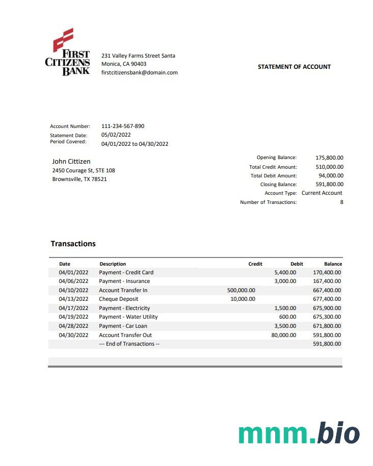 USA First Citizens Bank statement Word i szablon PDF, 2 strony